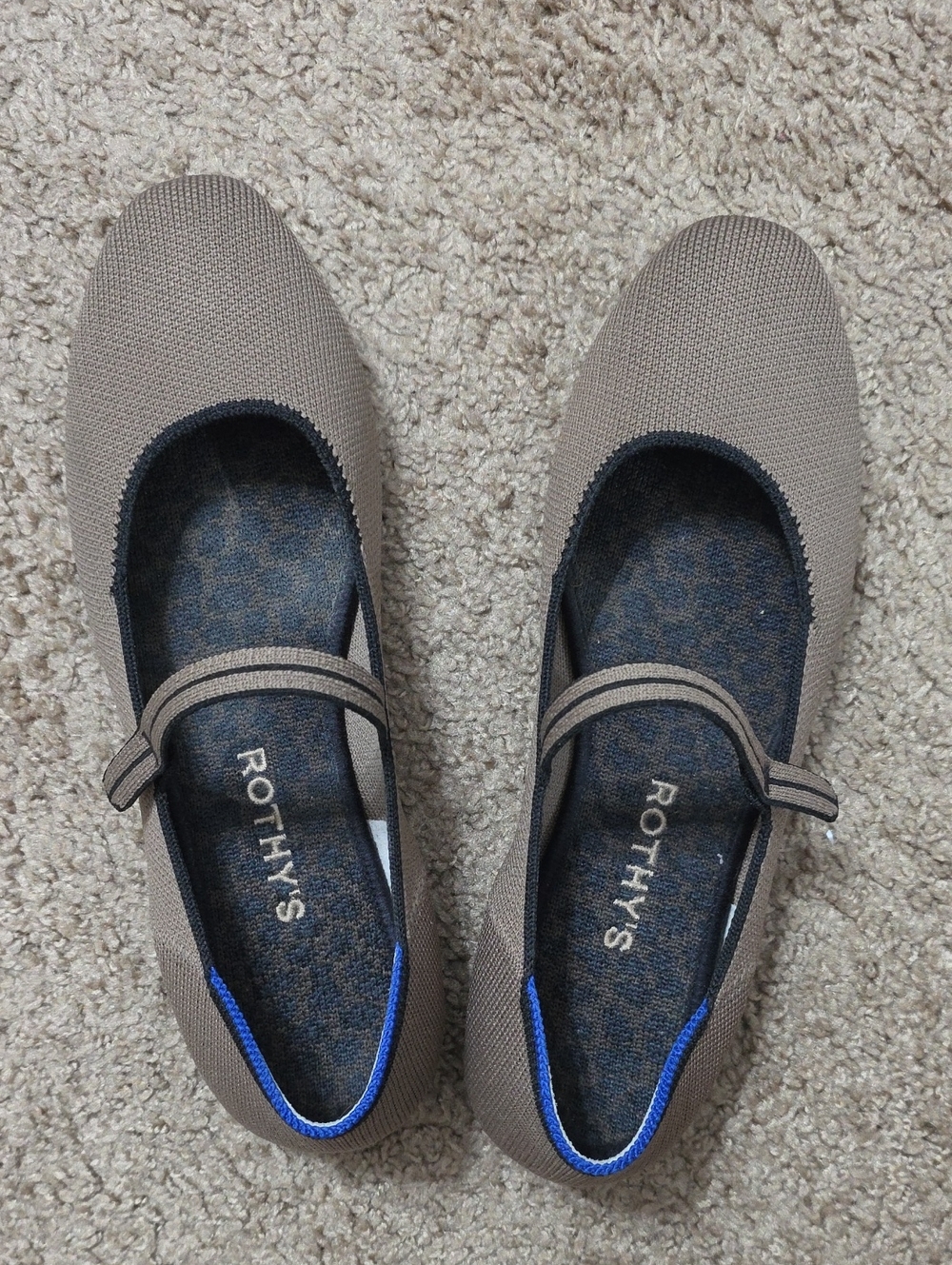 Rothy's Taupe Mary Jane Flats with Blue Trim
